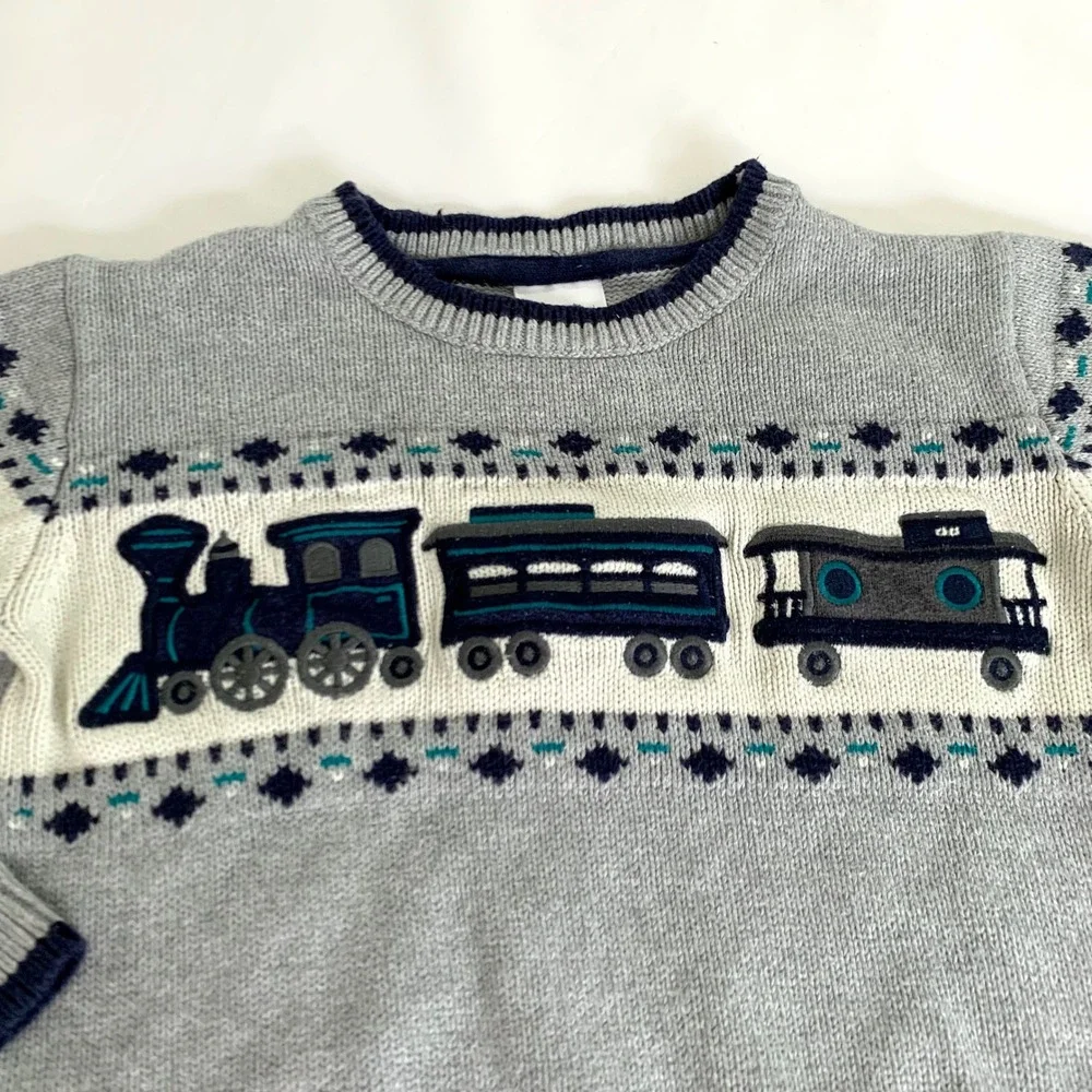 Gymboree Train Sweater Boys 4T Gray Embroidered Express Fair Isle‎ Winter Cozy